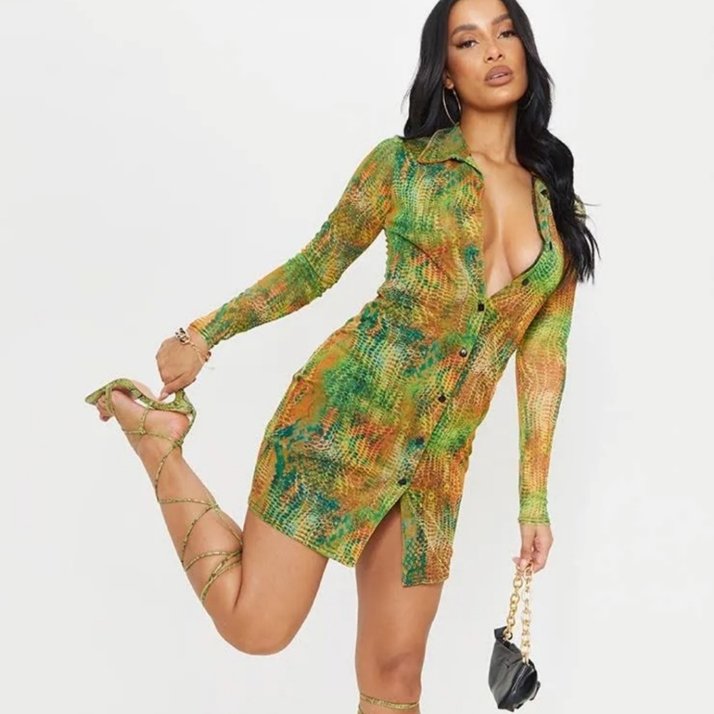 Pretty Little Thing Green Patterned Dress